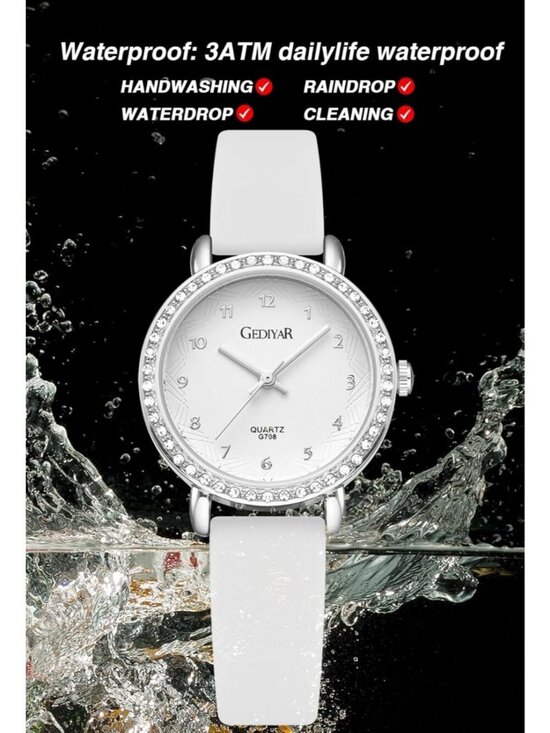 Women\'s All White Analog Quartz Crystal Rhinestone Bezel Waterproof Wrist Watch